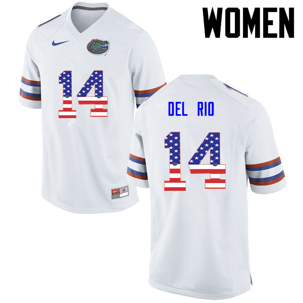 Women Florida Gators #14 Luke Del Rio College Football USA Flag Fashion Jerseys-White - Click Image to Close